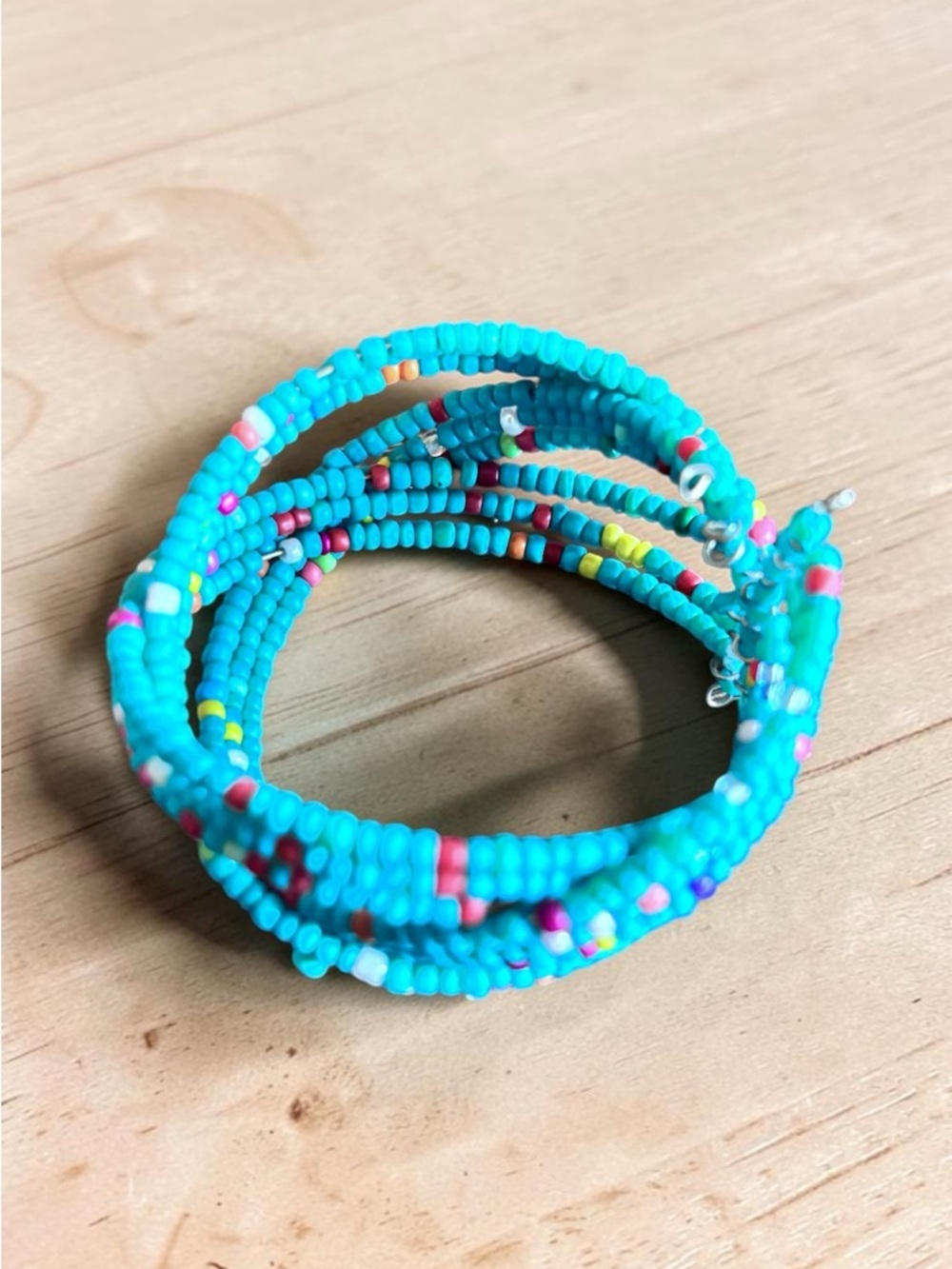 Handmade Turquoise Seed Bead Coil Bracelet with Multicolor Accents Boho 6"